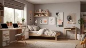 Cozy interior millennial teenage room with bed laptop and desk